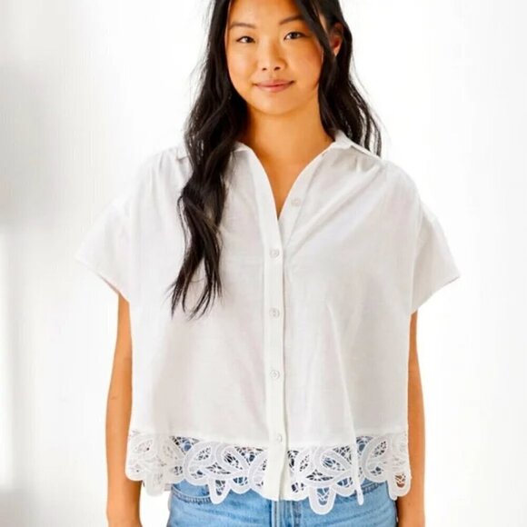 American Eagle Button Down Lace Linen Blend Blouse White Size XS NWT - Picture 1 of 8